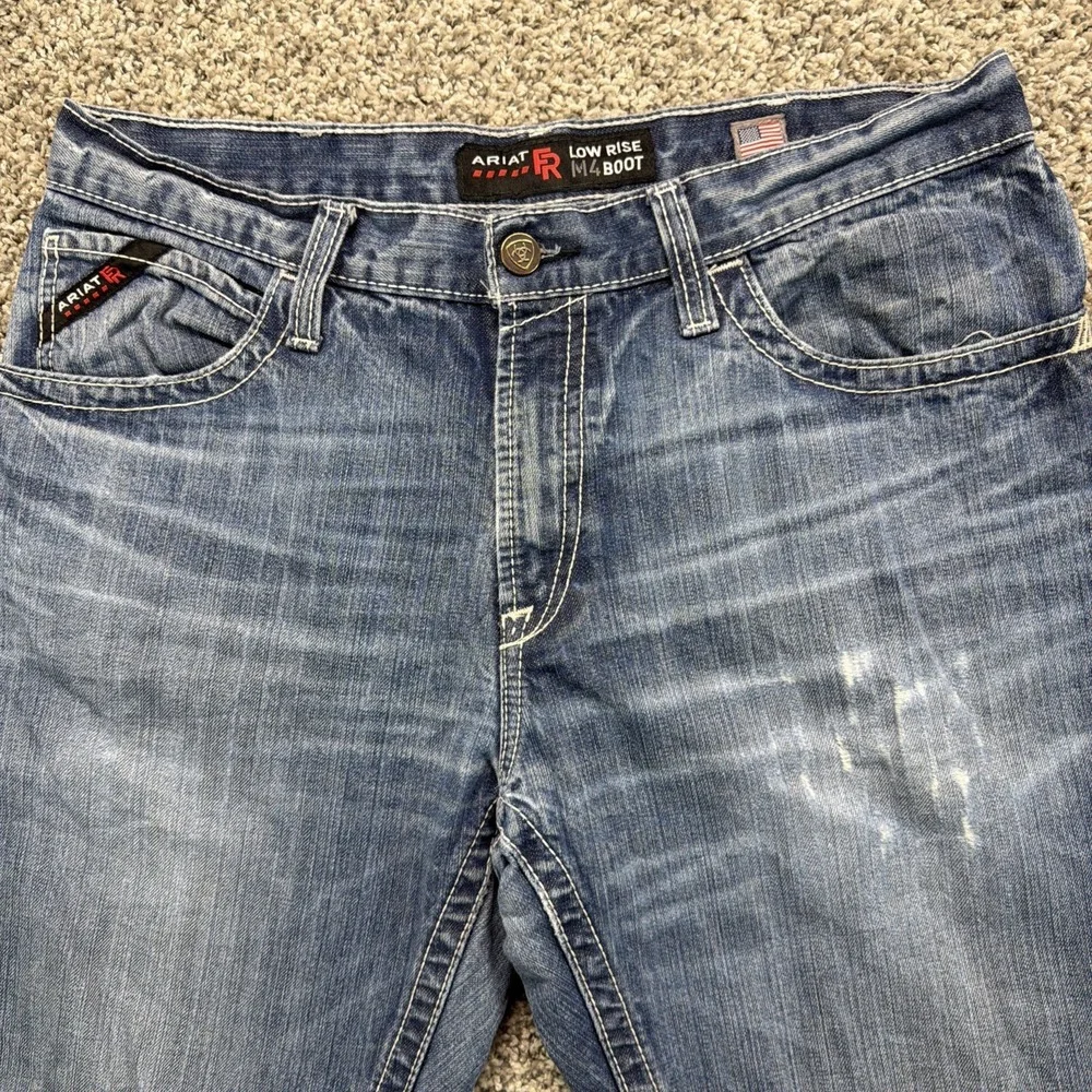 Ariat FR M4 Low Rise Boot Cut Jeans Mens 35x32 (Fits 36x30) Distressed‎